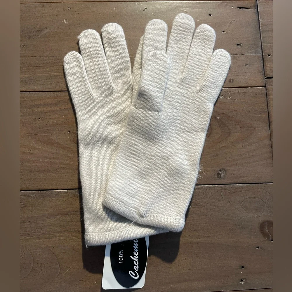 Portolano women cream white 100% cashmere rabbits fur mittens NWT